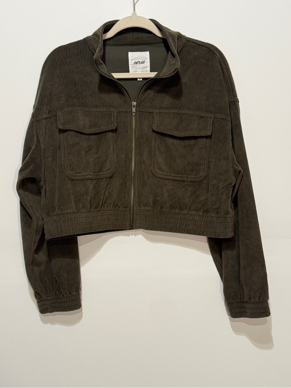 EUC Aerie Olive Green Cropped Corduroy Zip Jacket